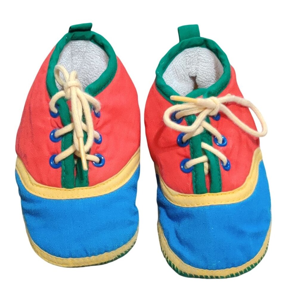 Vintage Gold Bug 2 Colorblock Soft Baby Shoes Booties Red Blue Yellow Green Cute